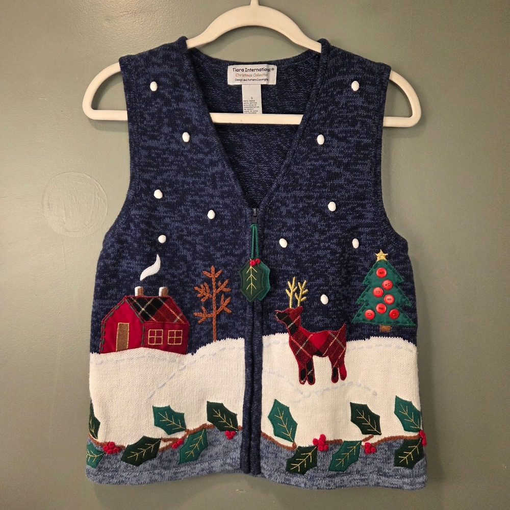 Vintage Tiara International Christmas Collection Women's S Knit Full Zip Vest